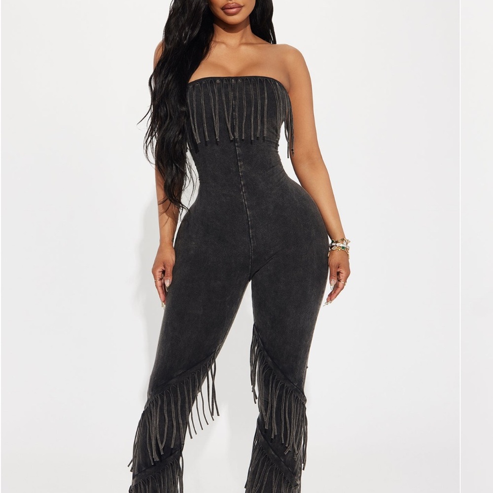 Fashion Nova Black Fringe Jumpsuit with Wide-Leg Silhouette